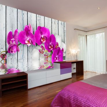 тапет - Виолетови орхидеи с воден рефлекс