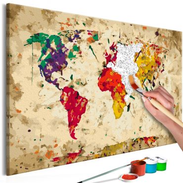 Направете своя собствена картина върху платно - Карта на света (Цветни пръски) 60x40
