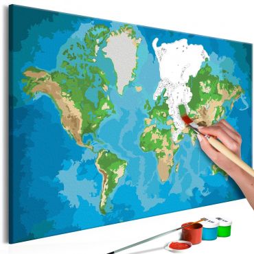 Направете своя собствена картина върху платно - Карта на света (синьо и зелено) 60x40