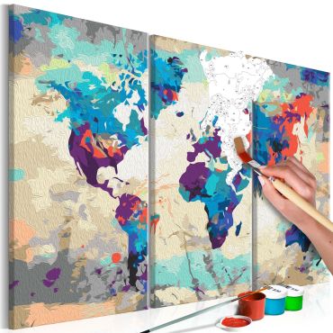 Направете своя собствена картина върху платно - Карта на света (синьо и червено) 3 части 60x40