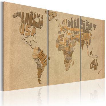 Печат върху платно - Картата на света в бежово и кафяво