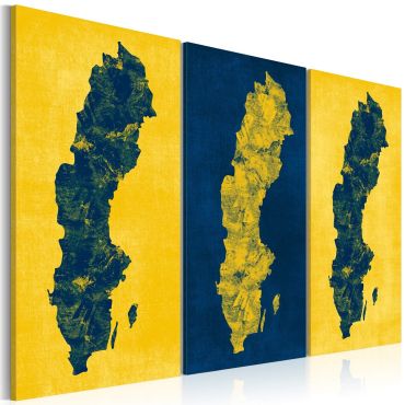 Печат върху платно - Рисувана карта на Швеция - триптих