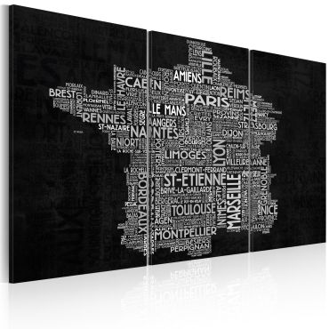 Печат върху платно - Текстова карта на Франция на черния фон - триптих