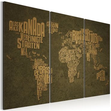 Печат на платно - Картата на света, немски език: Бежови континенти - триптих