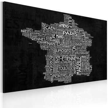 Печат върху платно - Текстова карта на Франция на черен фон