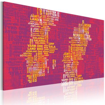 Печат върху платно - Текстова карта на Швеция (розов фон)