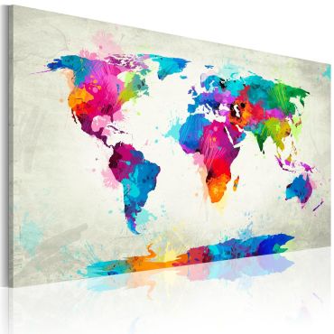 Печат върху платно - Карта на света - експлозия от цветове