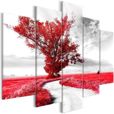 Платно печат - Дърво близо до пътя (5 части) Червено